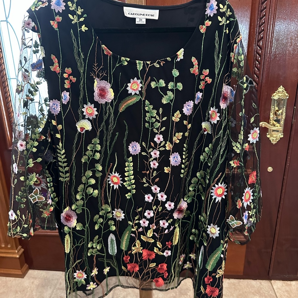 Caroline Rose Black Floral Embroidered Blouse 3X